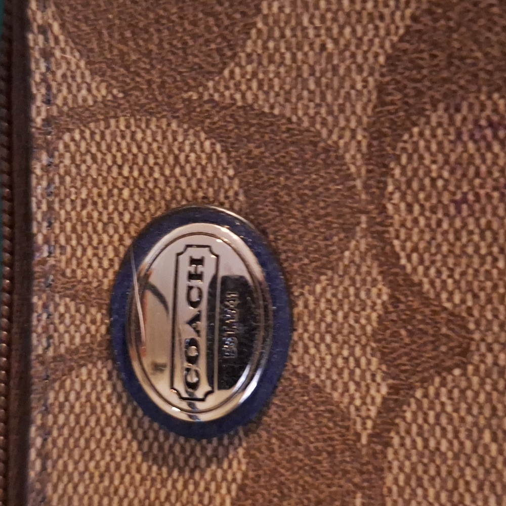 Coach Wristlet; Brown with Med Blue Piping & Strap